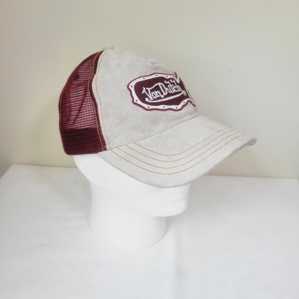 Von Dutch Trucker Hat Tan Maroon Faux Suede USA Logo Snapback Mesh Cap Y2K